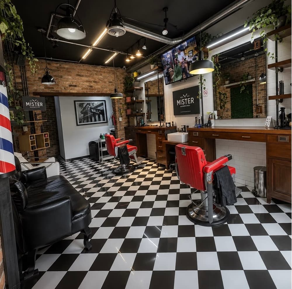 Interior de Mister Barber Shop con sus estaciones y sillones clásicos